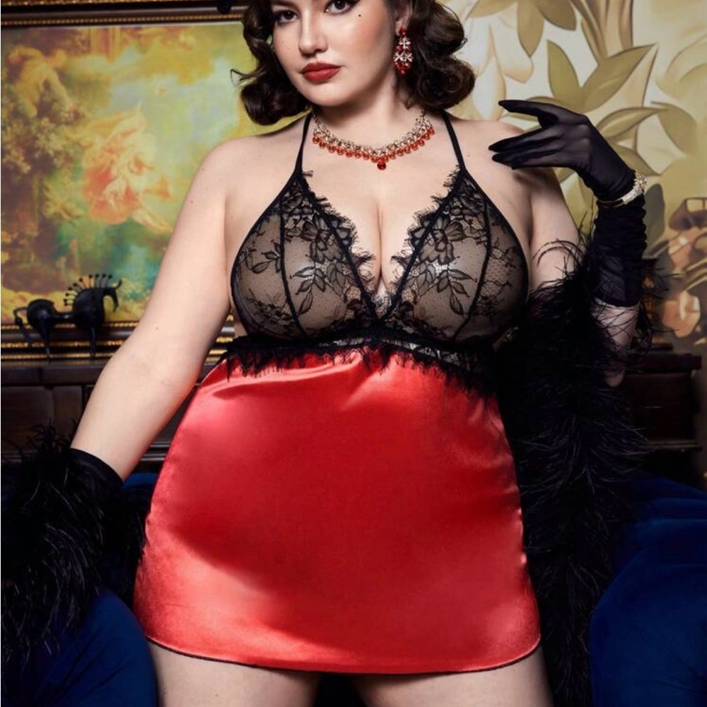 Pinup Glam Tangerine Red SATIN and Black LACE Chemise Slip and Thong Set 1XL